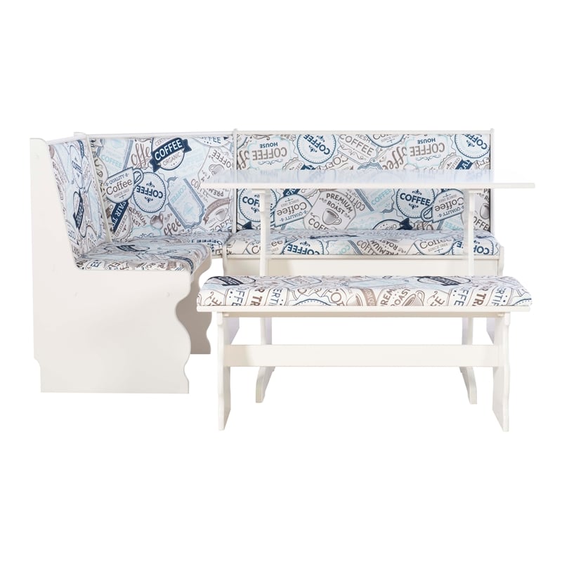 Pemberly Row Upholstered Corner Nook Dining Set in White Wood/Coffee Print