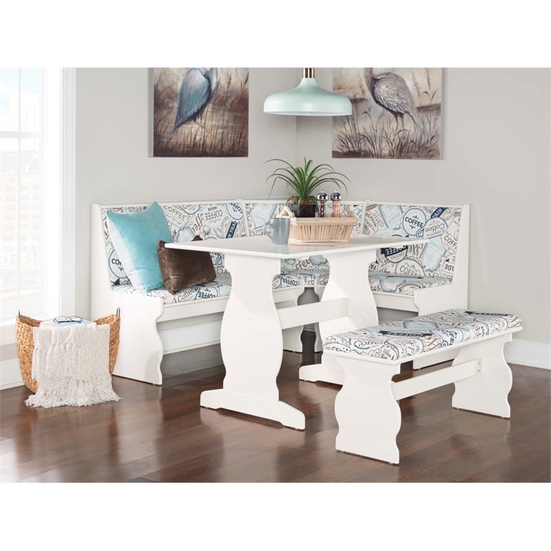 Pemberly Row Upholstered Corner Nook Dining Set in White Wood/Coffee Print