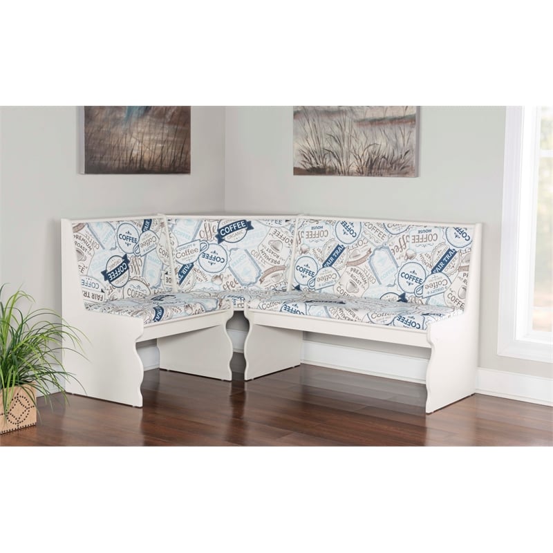 Pemberly Row Upholstered Corner Nook Dining Set in White Wood/Coffee Print