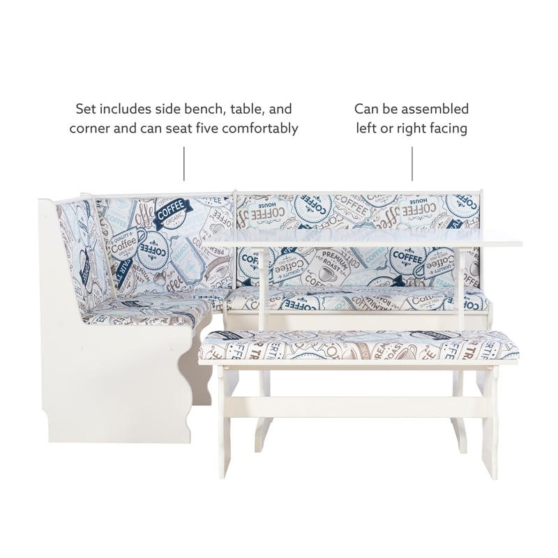 Pemberly Row Upholstered Corner Nook Dining Set in White Wood/Coffee Print