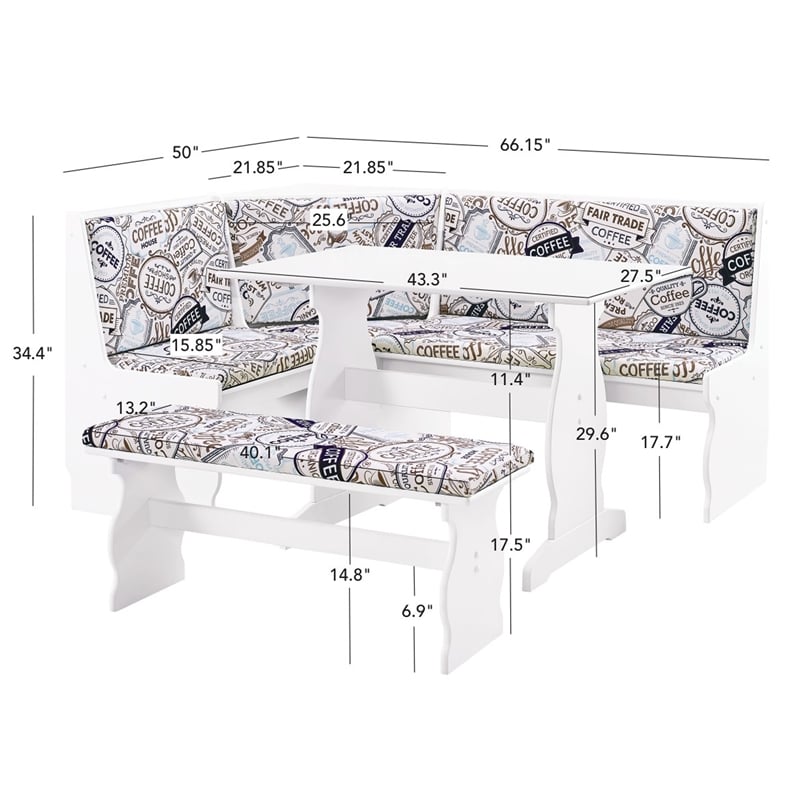 Pemberly Row Upholstered Corner Nook Dining Set in White Wood/Coffee Print