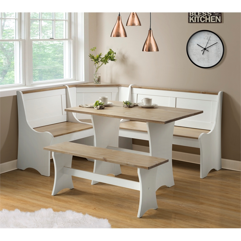 Pemberly Row Solid Wood Dining Nook Set with Storage in Antique White/Driftwood