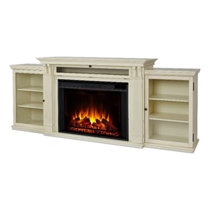 Pemberly Row 84&quot Wood Grand Electric Fireplace TV Stand in Distressed White