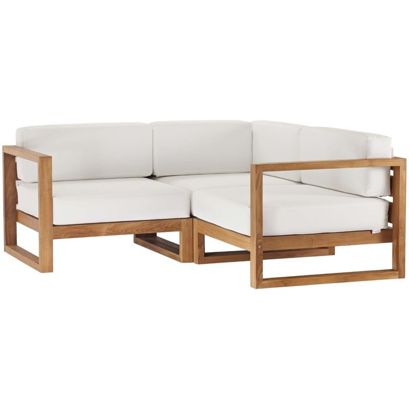 Pemberly Row 3-Piece Solid Teak Wood Patio Sectional Sofa in Natural & White