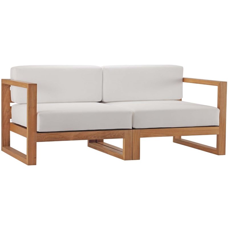 Pemberly Row 2-Piece Solid Teak Wood Patio Loveseat in Natural and White