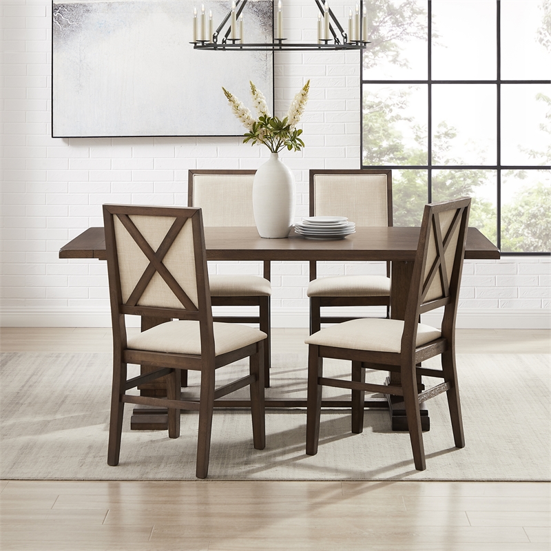 Pemberly Row Contemporary 5-Piece Dining Table Set in Dark Oak/Creme