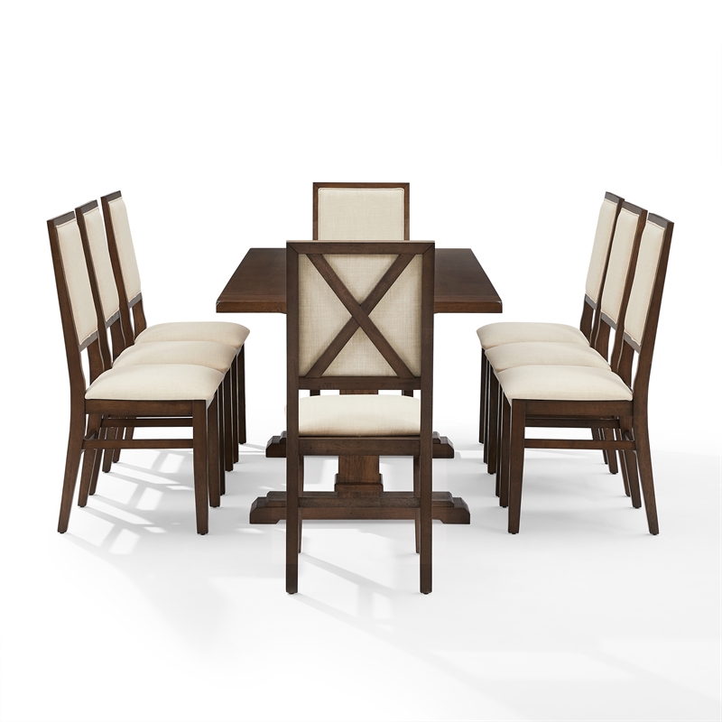 Pemberly Row Contemporary 9-Piece Dining Table Set in Dark Oak/Creme