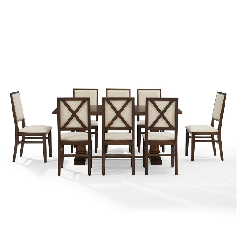 Pemberly Row Contemporary 9-Piece Dining Table Set in Dark Oak/Creme