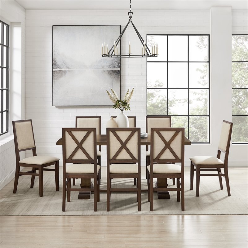 Pemberly Row Contemporary 9-Piece Dining Table Set in Dark Oak/Creme