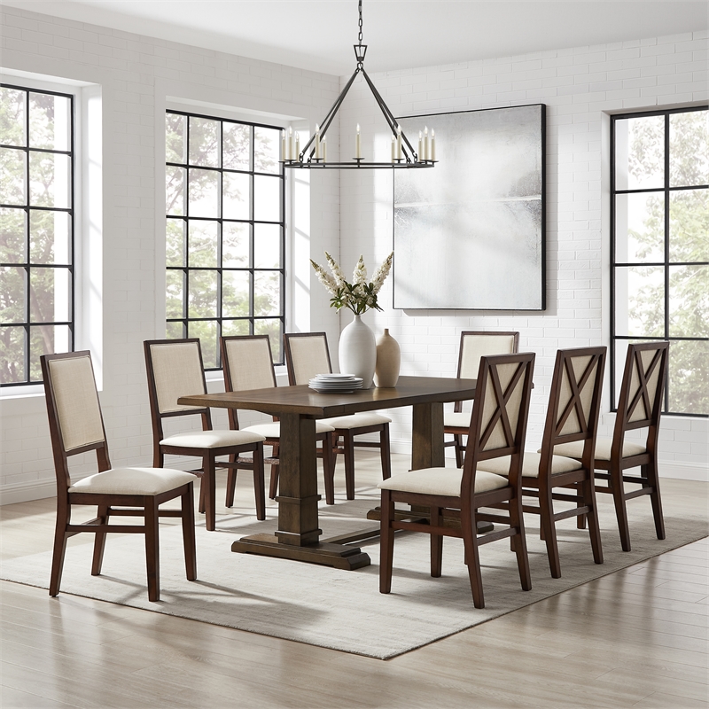 Pemberly Row Contemporary 9-Piece Dining Table Set in Dark Oak/Creme
