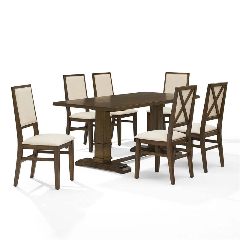 Pemberly Row Contemporary 7-Piece Dining Table Set in Dark Oak/Creme