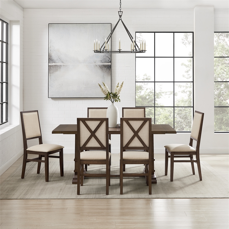 Pemberly Row Contemporary 7-Piece Dining Table Set in Dark Oak/Creme
