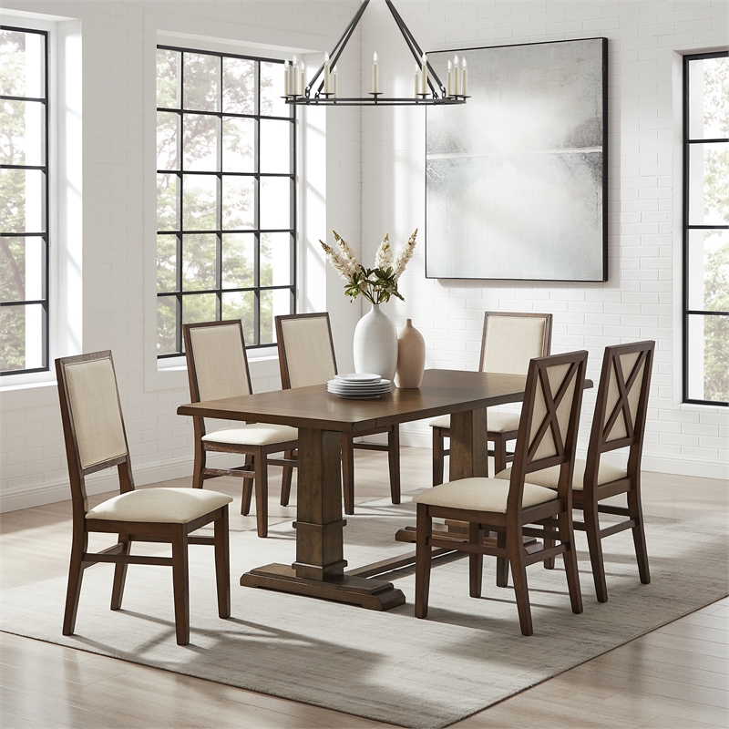 Pemberly Row Contemporary 7-Piece Dining Table Set in Dark Oak/Creme