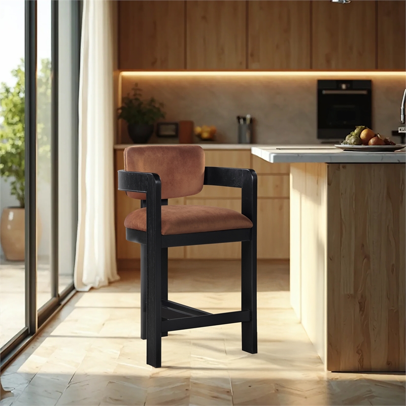 Pemberly Row Contemporary Solid Wood Frame Cognac Ultra Luxe Velvet Stool