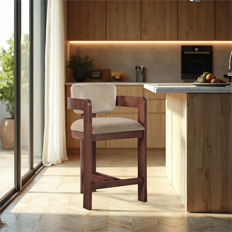 Pemberly Row Contemporary Solid Wood Frame Beige Ultra Luxe Velvet Stool