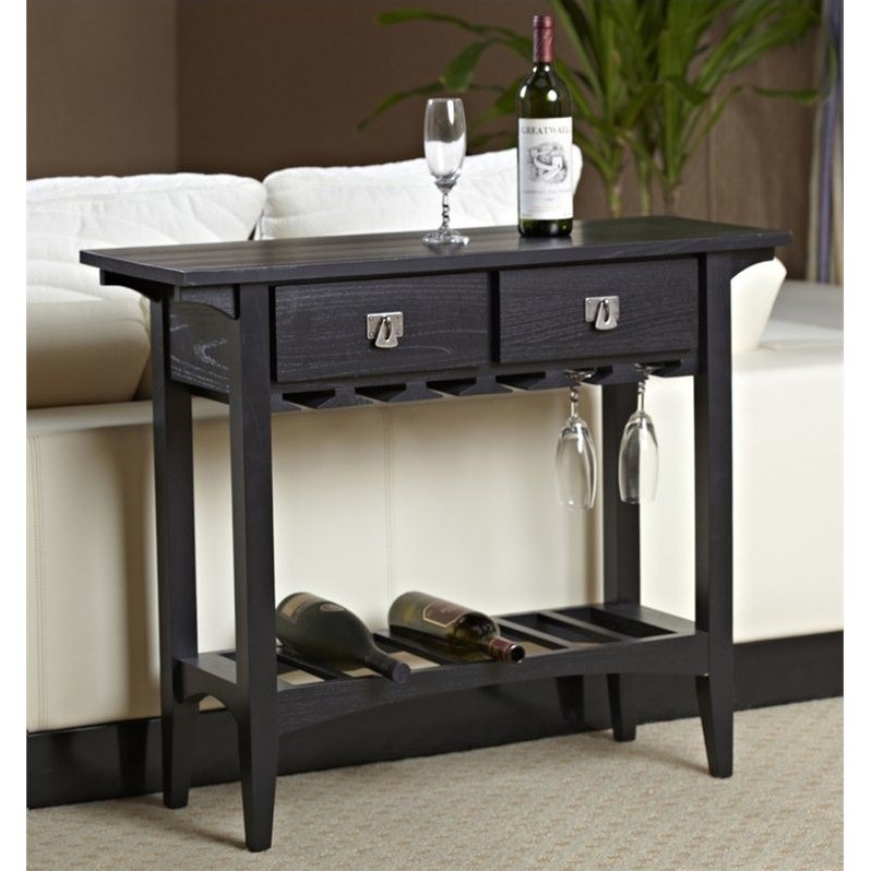 Pemberly Row Wood Mission Wine Stand with Storage Drawers in Black
