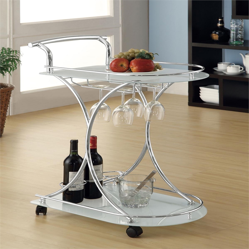 Pemberly Row 2-tier Glass Shelf Metal Bar Cart White and Chrome