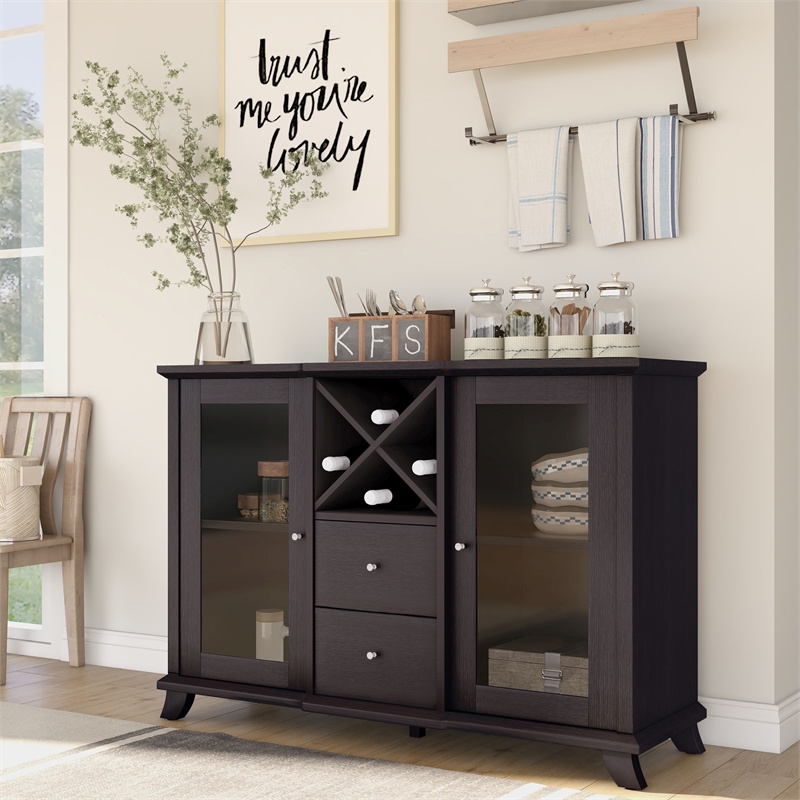 Pemberly Row Transitional Wood Buffet with Wine Rack in Cappuccino