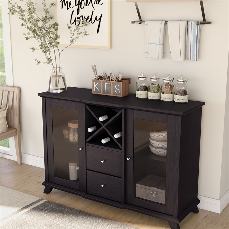 Pemberly Row Transitional Wood Buffet with Wine Rack in Cappuccino