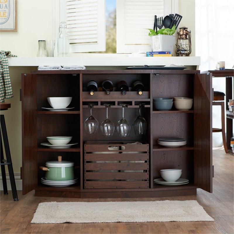 Pemberly Row Transitional Wood Multi-Storage Buffet in Vintage Walnut