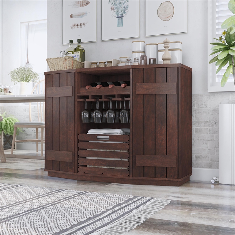 Pemberly Row Transitional Wood Multi-Storage Buffet in Vintage Walnut