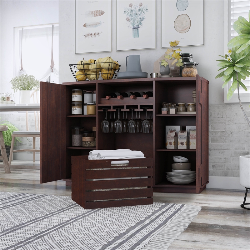 Pemberly Row Transitional Wood Multi-Storage Buffet in Vintage Walnut