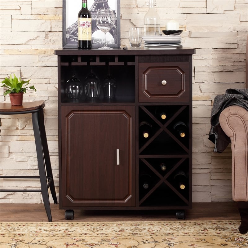 Pemberly Row Contemporary Wood Wine Rack Kitchen Cart in Espresso