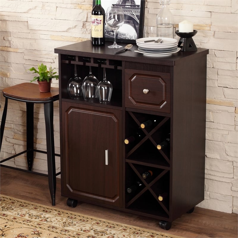Pemberly Row Contemporary Wood Wine Rack Kitchen Cart in Espresso