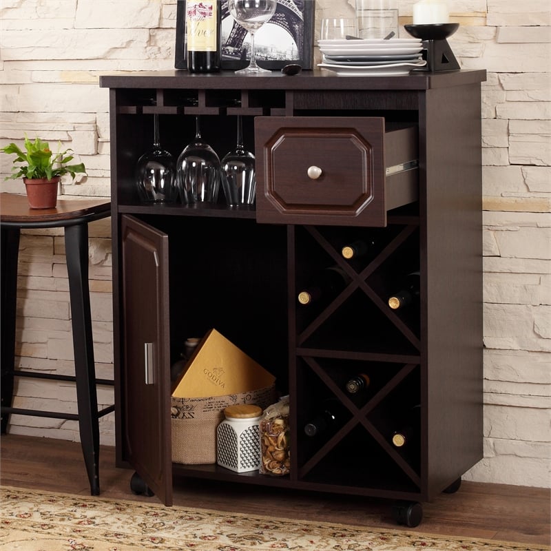 Pemberly Row Contemporary Wood Wine Rack Kitchen Cart in Espresso