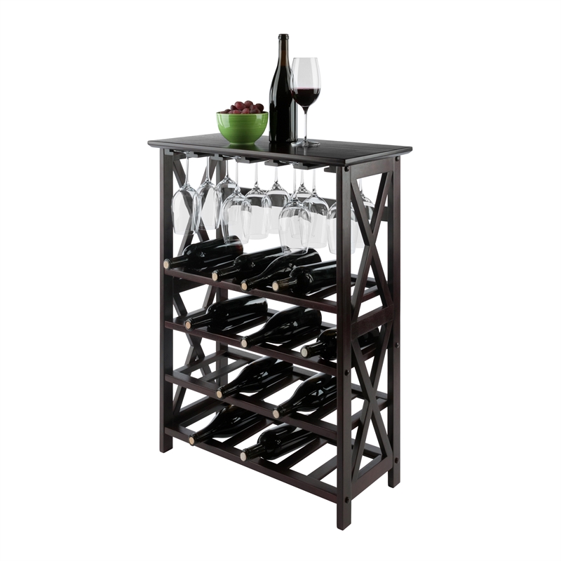 Pemberly Row Transitional Solid Wood Wine Rack with Glass Racks in Espresso
