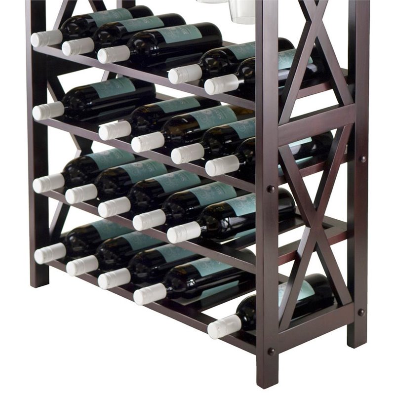 Pemberly Row Transitional Solid Wood Wine Rack with Glass Racks in Espresso