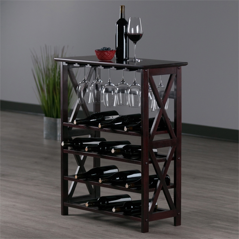 Pemberly Row Transitional Solid Wood Wine Rack with Glass Racks in Espresso