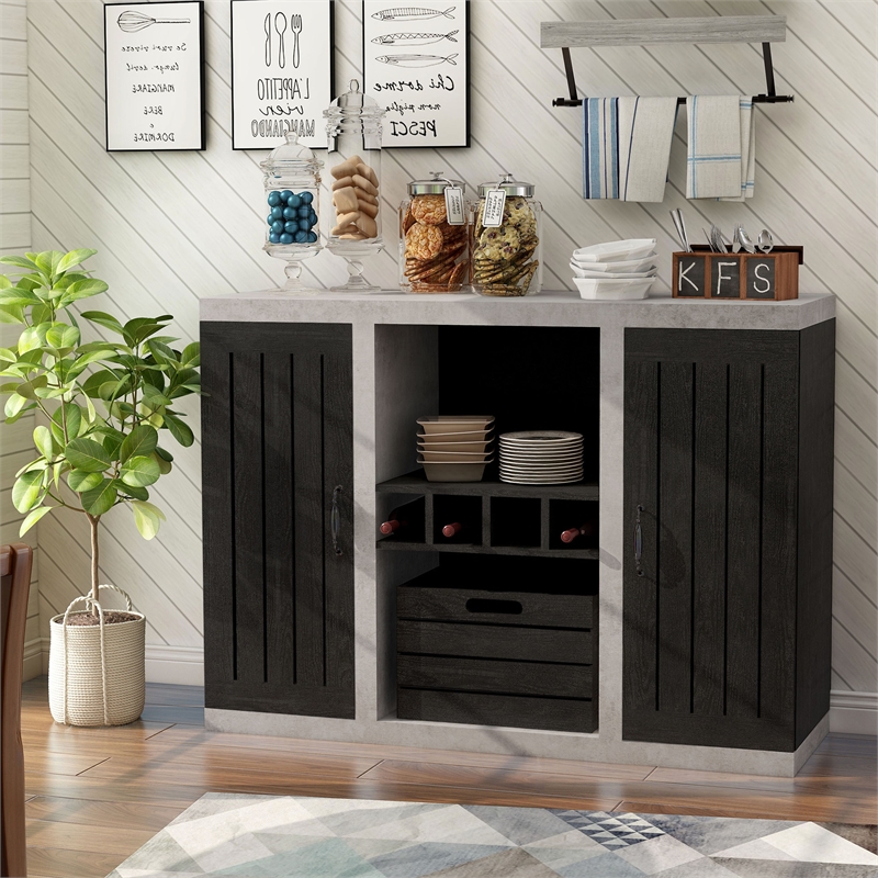 Pemberly Row Modern Industrial Wood Multi-Storage Buffet in Black