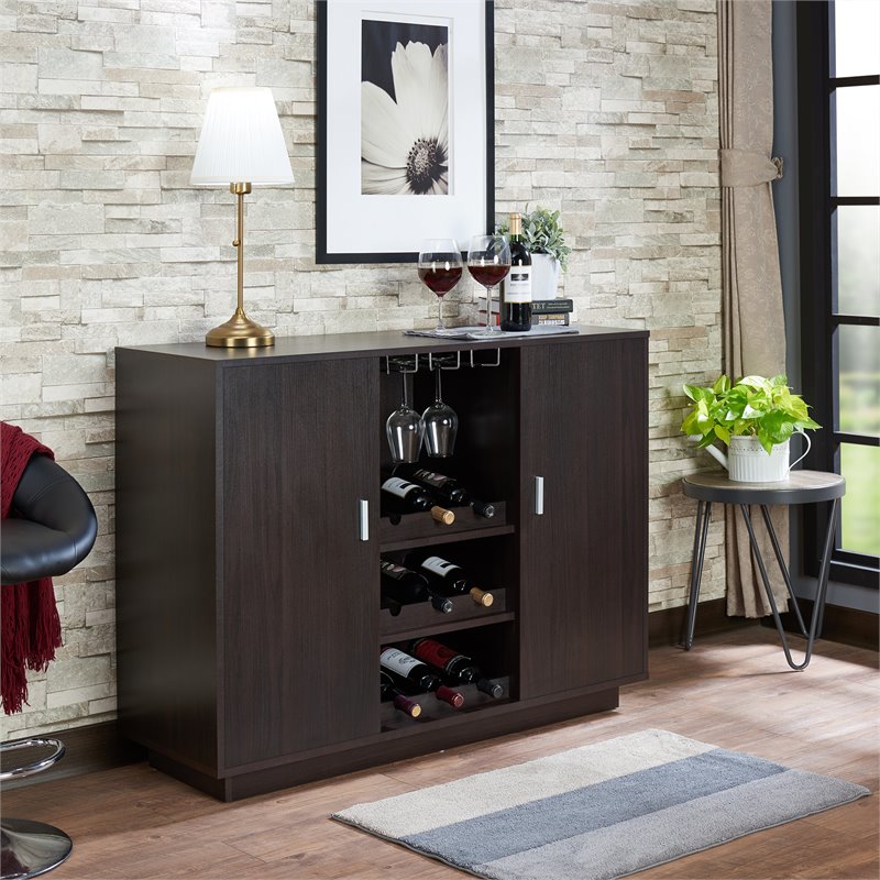 Pemberly Row 2-Door Wooden Server with Wine Rack in Espresso