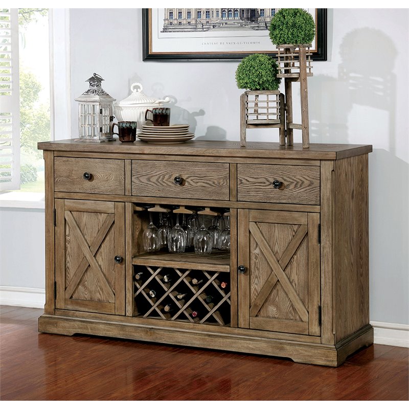 Pemberly Row Farmhouse Rustic Wood Multi-Storage Buffet in Light Oak