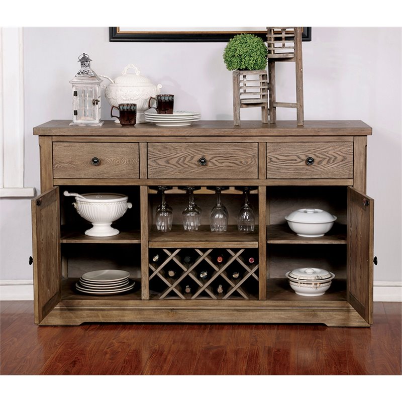 Pemberly Row Farmhouse Rustic Wood Multi-Storage Buffet in Light Oak