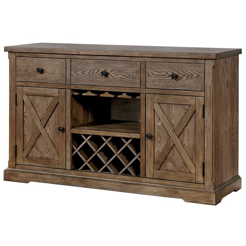 Pemberly Row Farmhouse Rustic Wood Multi-Storage Buffet in Light Oak