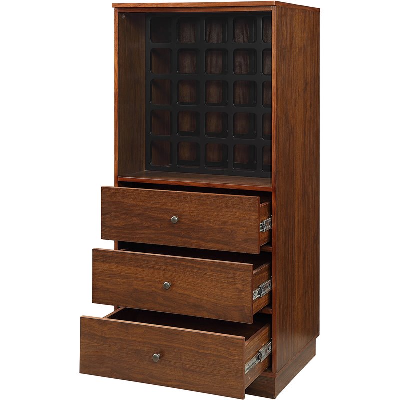 Pemberly Row Engineered Wood Wine Cabinet with 3 Drawers in Walnut