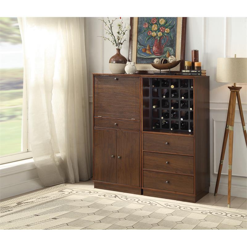 Pemberly Row Engineered Wood Wine Cabinet with 3 Drawers in Walnut