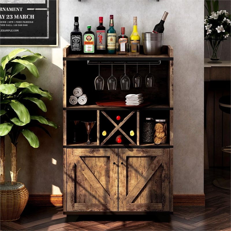 Pemberly Row Modern Farmhouse Wood 4-Bottle Wine Rack in Brown