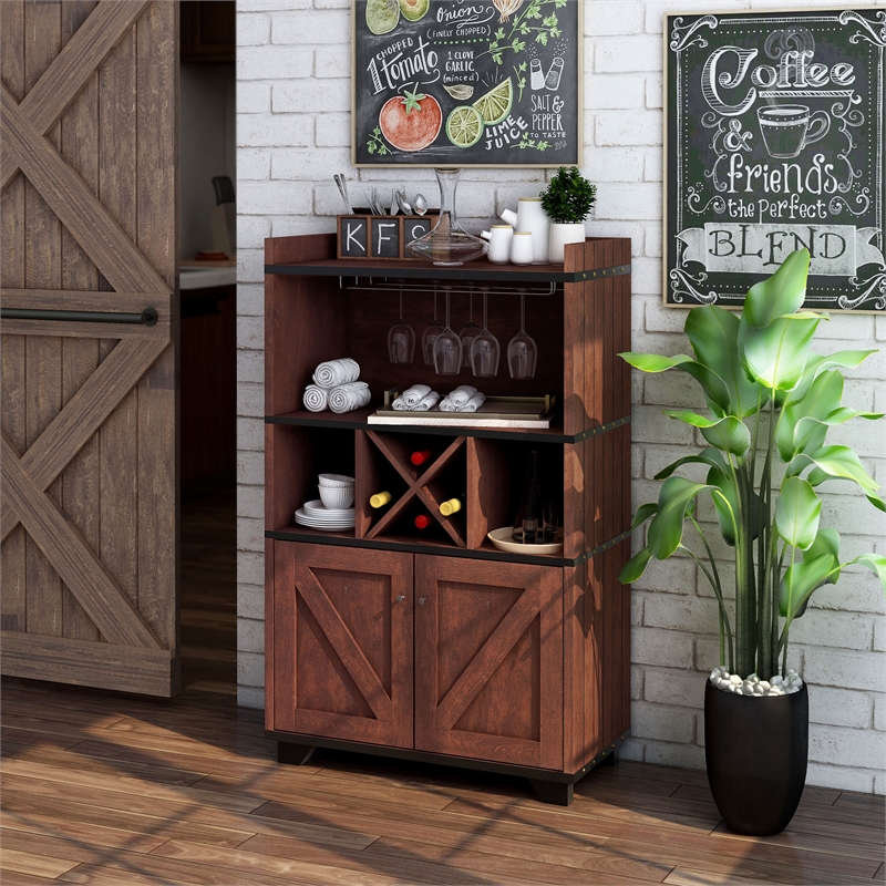 Pemberly Row Farmhouse Wood 4-Bottle Wine Rack in Vintage Walnut