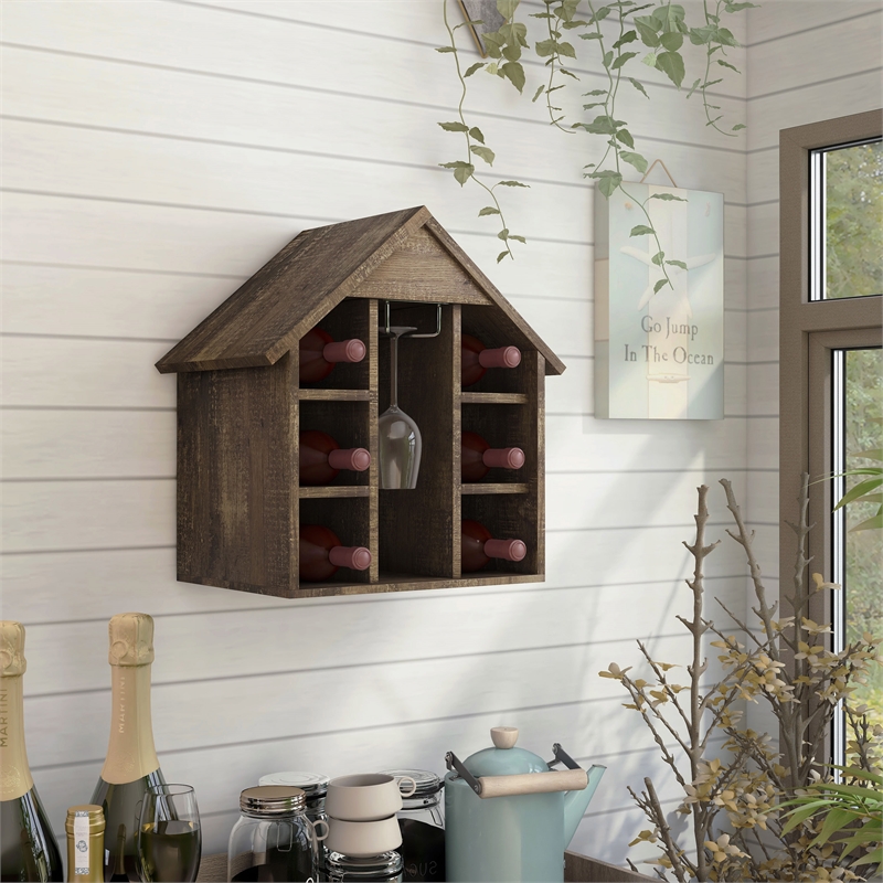 Pemberly Row Rustic Wood 6-Bottle Wine Rack in Reclaimed Oak