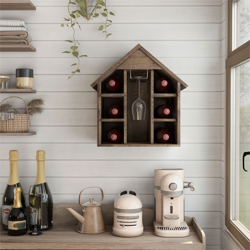 Pemberly Row Rustic Wood 6-Bottle Wine Rack in Reclaimed Oak