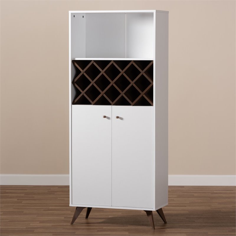 Pemberly Row Mid-Century Wood Wine Cabinet in White and Walnut