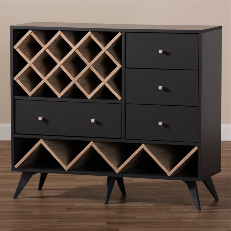 Pemberly Row Mid-Century Wood Wine Cabinet in Dark Grey and Oak