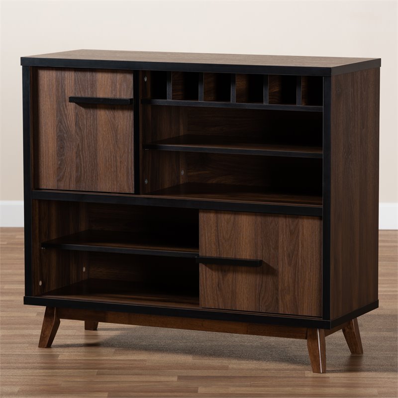 Pemberly Row Walnut Brown and Black Finished Wood Wine Storage Cabinet