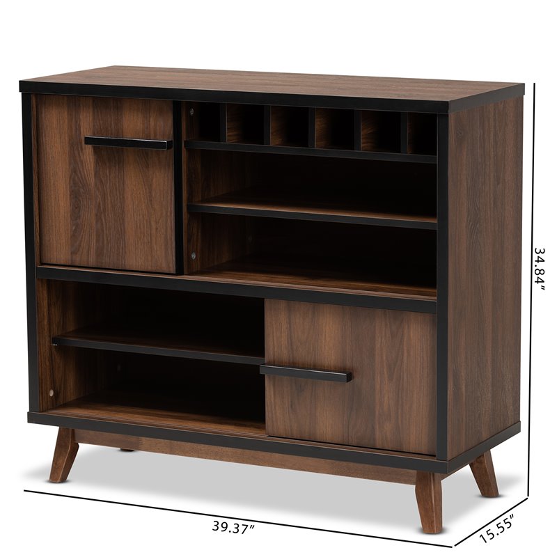 Pemberly Row Walnut Brown and Black Finished Wood Wine Storage Cabinet