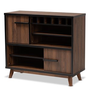 Pemberly Row Walnut Brown and Black Finished Wood Wine Storage Cabinet