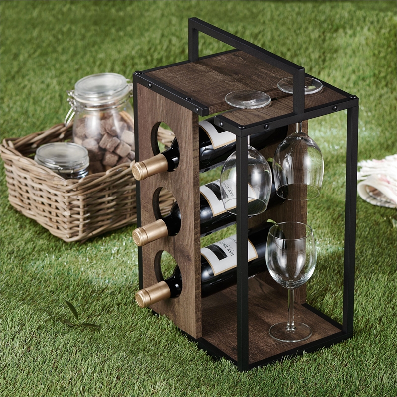 Pemberly Row Industrial Wood 3-Bottle Wine Rack in Reclaimed Oak