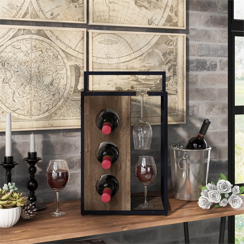Pemberly Row Industrial Wood 3-Bottle Wine Rack in Reclaimed Oak